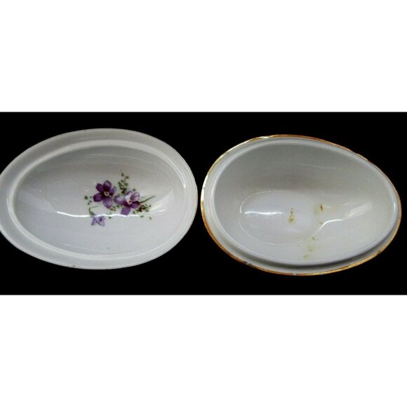 Porcelain Vtg Trinket Box Victorian Violets Bone China Oval Egg Made in England - Picture 2 of 3